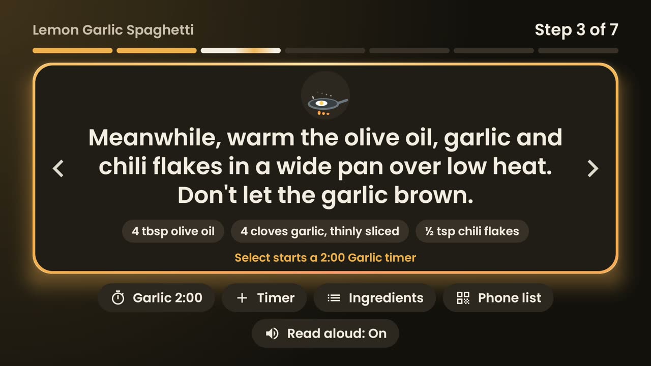 Cooking mode showing step 3 of 7 with a garlic timer