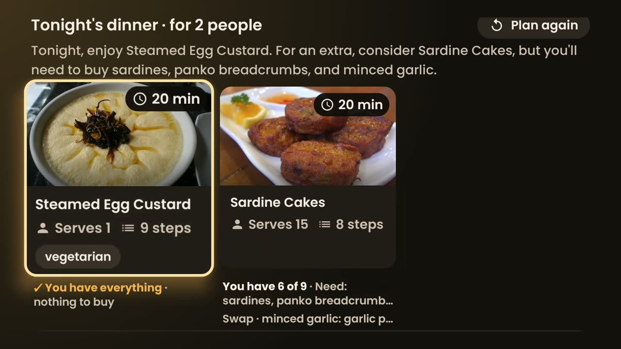 Tonight's dinner plan for 2 people